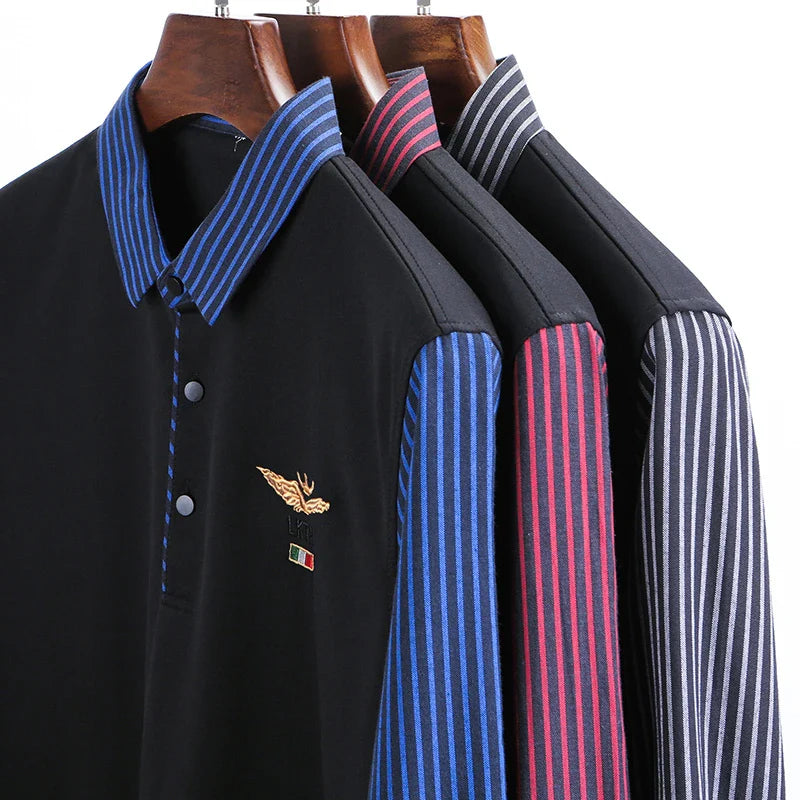 2025 New Men's Casual and Fashionable Long Sleeved POLO Shirt with Contrasting Print Anti Wrinkle Top