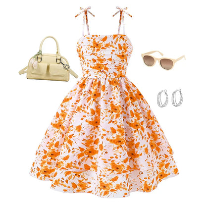 Girls 8-12 Orange Floral Summer Casual Dress, Front Spaghetti Strap Bow Decor Ruched Waist & Tiered Skirt, Daily Kids Outfit