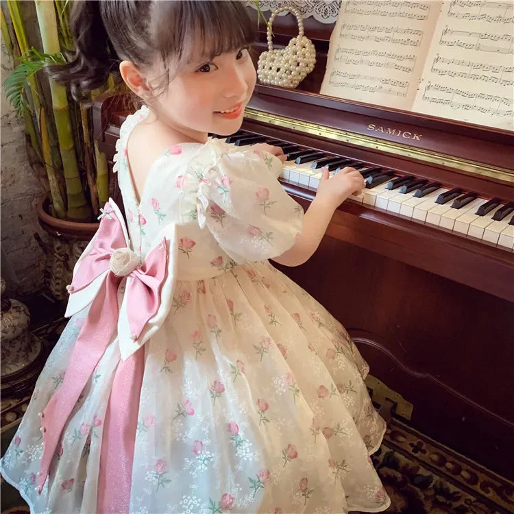 New Summer Princess Girls Dress Full Print Roses Flowers Pearl Inlay Decoration Puff Sleeve Bow Mesh Tutu Party Dresse For Kids