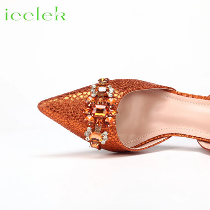 Spot Goods Italian Fashion Women Heels Elegant Orange Color Block Design Brown Shoes And Bag Full Rhinestone Party Bag