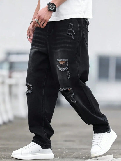 Men's Black Ripped Denim Harem Pants for Spring and Summer, Stylish and Minimalist, a Game - Changer for Lazy Outfits
