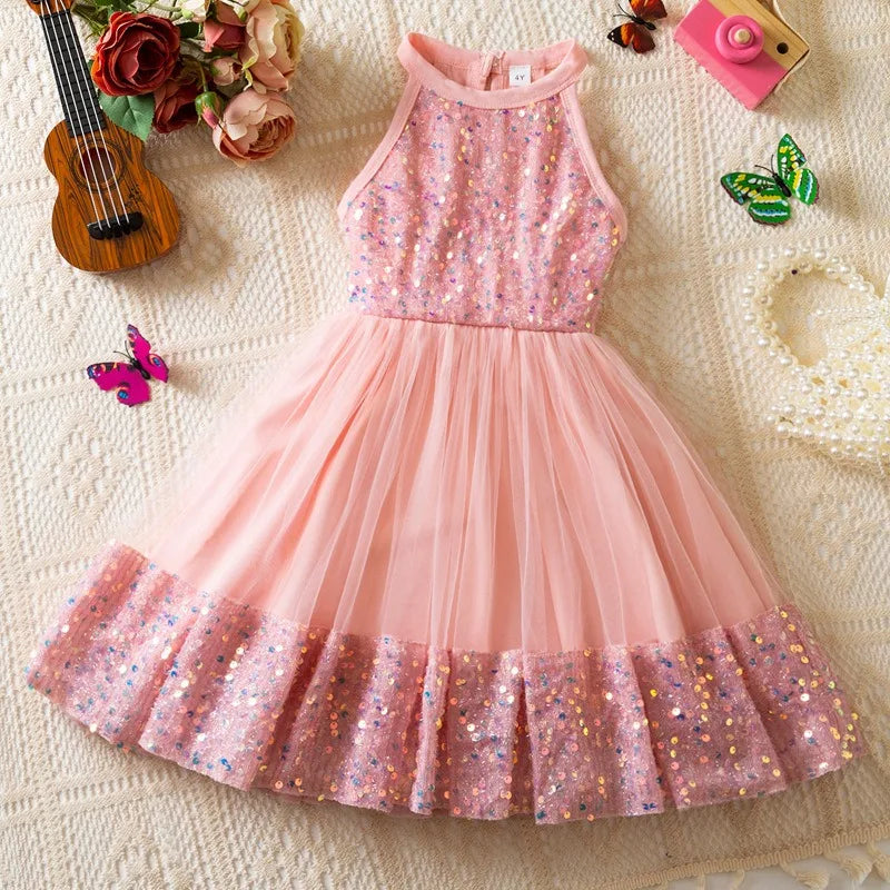 Girl Party Princess Dress Summer Sequin Tulle Dress Elegant Party Red/Pink/White Dresses 3-7Y for Wedding Birthday Holiday Gift