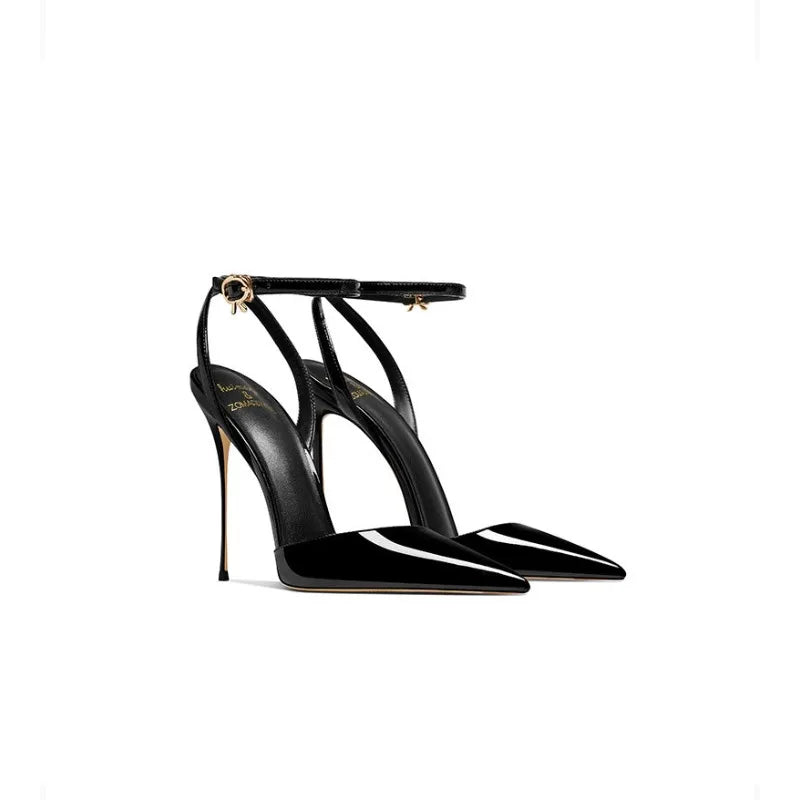 Black patent leather high-end, versatile and comfortable high heels, 2026 autumn new style pointed thin heel sandals for women