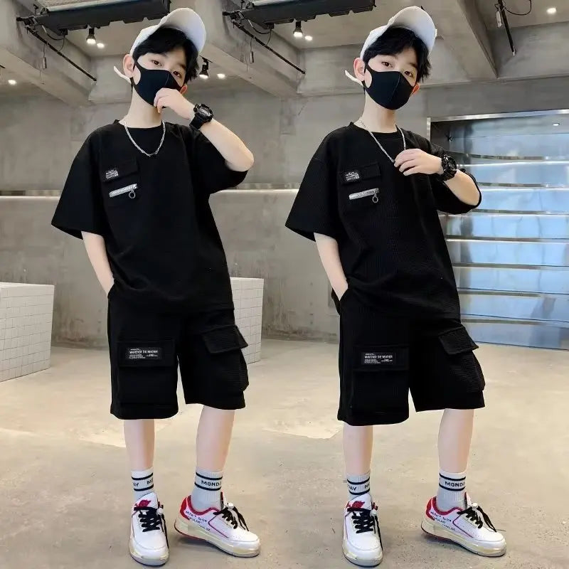Summer Kids Boys T-Shirt+Shorts 2-Piece Set Letter Printing Children Teen Loose Comfortable Sports Casual Clothes 4-14 Years Old