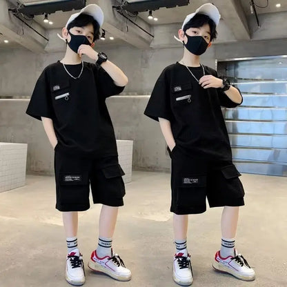 Summer Kids Boys T-Shirt+Shorts 2-Piece Set Letter Printing Children Teen Loose Comfortable Sports Casual Clothes 4-14 Years Old