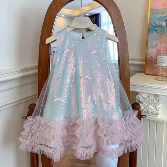 2-7 Years Girls Tulle Fairy Princess Dress Summer Sleeveless Butterfly Star Sequined Children Puffy Skirt Birthday Party Gift