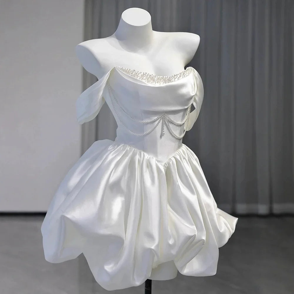 Mini Short Wedding Party Dresses Wedding Photoshoot Strapless Beaded Taffeta Bolero Bride Gowns Corset Back Customized