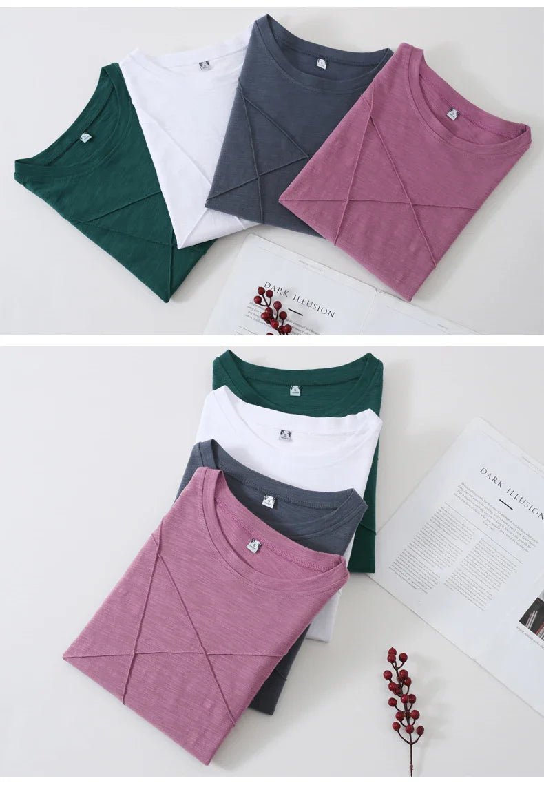 2026 Spring Long Sleeve Women O-Neck Bamboo Cotton T-Shirt Elegant Loose Ribbed Fashion Tee Shirt Ladies Simple Tops