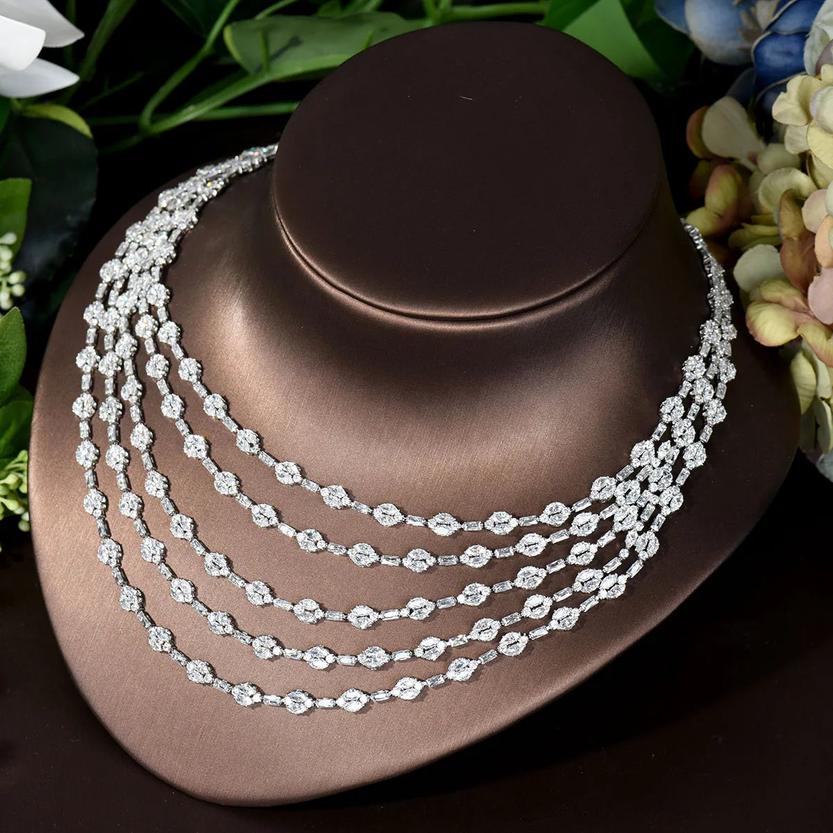Elegant Five Layers Long Tassel Cubic Zirconia Ladies Costume Jewelry Sets Dangle Drop Earrings Pendant Necklace N-283