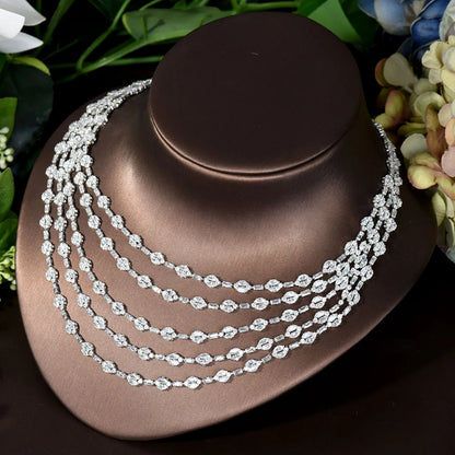 Elegant Five Layers Long Tassel Cubic Zirconia Ladies Costume Jewelry Sets Dangle Drop Earrings Pendant Necklace N-283
