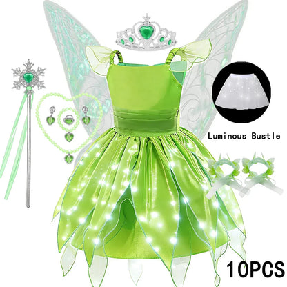 Childern Princess Dress For Girls LED Light With Flower Fairy Dress Up Kids With Wings Halloween Elves Party Tinker Bell Dress