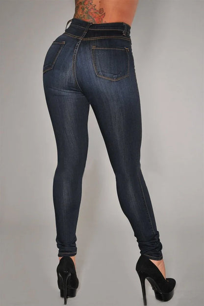 Women High Waist Elastic Slim Fit Skinny Jeans Lady Vintage Button Pencil Long Pants Narrow Straight Wrap Hips Casual Trousers