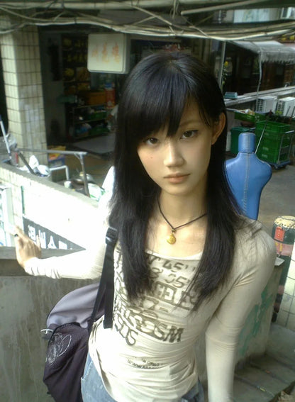 Karrram Camiseta Japonesa Y2k com Estampa de Letras Trashy Estilo Anos 2000 Blusas Caneladas de Manga Comprida Vintage Harajuku Streetwear Retrô Americano