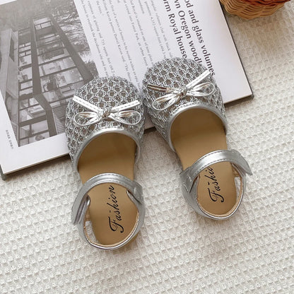 Girl's Sandals Breath-mesh Braided Adorable Summer Kids Sliders Bowtie Beige Sliver Round Toe All-match Childern Shoes 23-33