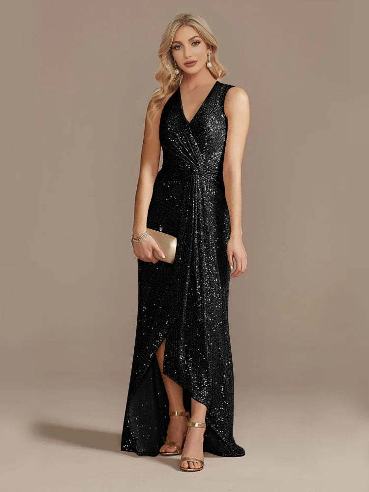 Luxury Floor Length V-Neck Evening Dresses Elegant Slit Party Women 2025 Wedding Sequins Formal Cocktail Prom Gowns