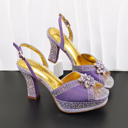 INS New Arrival Colorful Crystral Decoration Design Elegant Mature Party Wedding Peep Toe Ladies High Heels and Bag Set