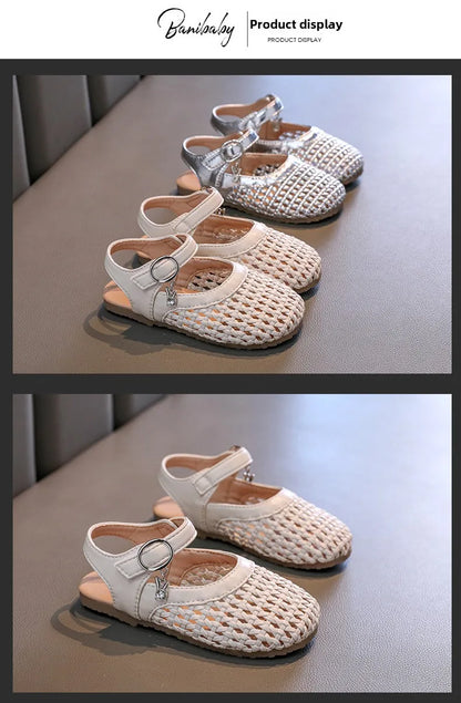 2026 Summer New Girls Woven Princess Shoes Cute Soft Sole Closed Toe Sandals Korean Style Kids Beach Shoes