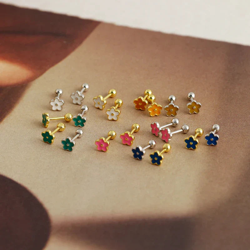 925 Sterling Silver Romantic White Enamel Flower Screw Bead Stud Earrings for Women Fashion Simple Piercing Jewelry Gift