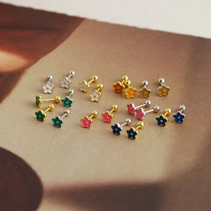925 Sterling Silver Romantic White Enamel Flower Screw Bead Stud Earrings for Women Fashion Simple Piercing Jewelry Gift