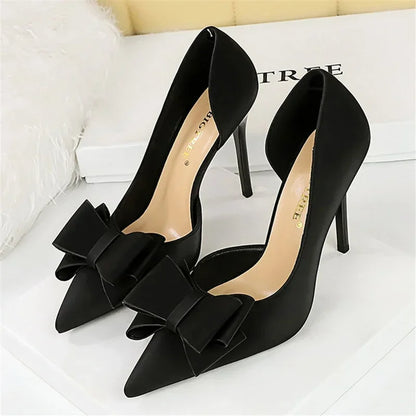 2024 Women 10.5cm High Heels Sweet Korean Side Hollow Pumps Lady Party Purple Green Kawaii Bowknot Heels Prom Silk Satin Shoes