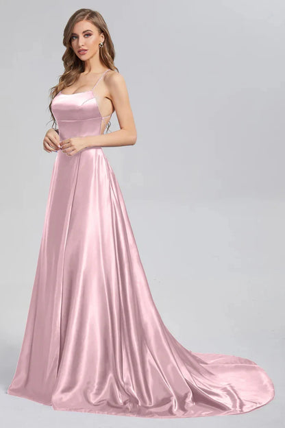 Vestido de Madrinha em Cetim, Estilo Evasê, Fenda, Decote Drapeado, 3 Estilos, com Amarrações, para Eventos Especiais, Vestido de Noite, Vestido de Formatura