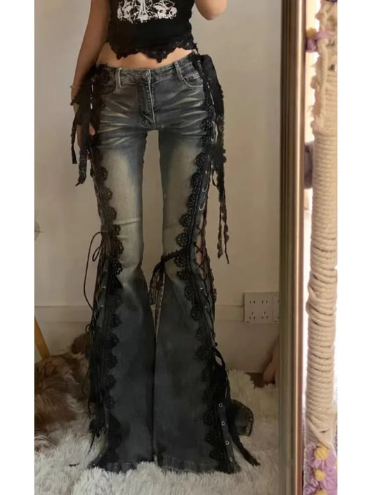 Retro Eyelets Lace Up Flare Jeans Stitch Lace Whiskers Low Rise Split Bootcut Pants Women Bell Bottoms Streetwear Y2k Aesthetic