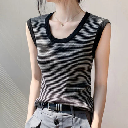 2026 Spring Summer O-Neck Striped Vest Top Simple Slim Fit Sleeveless Casual Versatile Women's Tank Top