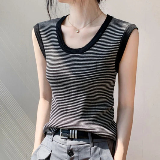 2026 Spring Summer O-Neck Striped Vest Top Simple Slim Fit Sleeveless Casual Versatile Women's Tank Top
