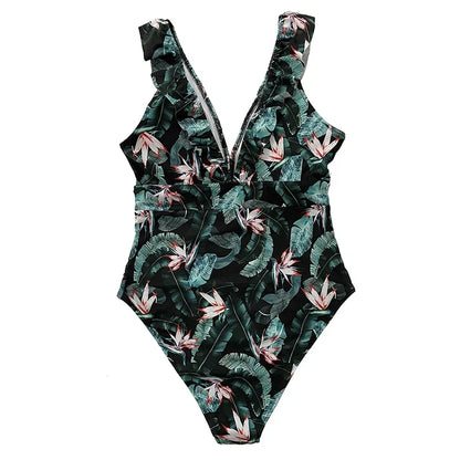 Sexy One Piece Swimsuit 2023 Women Striped Ruffled Swimwear Women Vintage Print Monokini Female Bodysuit Girl Beach Bathing Suit