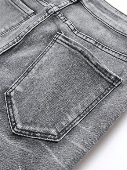 Calça Jeans Masculina Elástica Streetwear Rasgada Patchwork com Furos Calça Casual com Elástico na Cintura Jeans Destruído Slim Reta