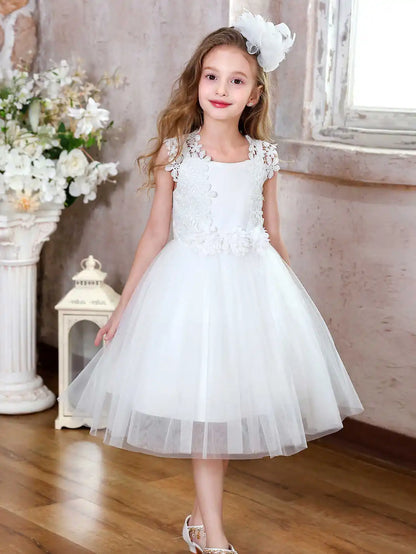 Girls Short Floral Decoration Flower Girl Bridesmaid Dresses Elegant Tulle Dresses Communion Dresses