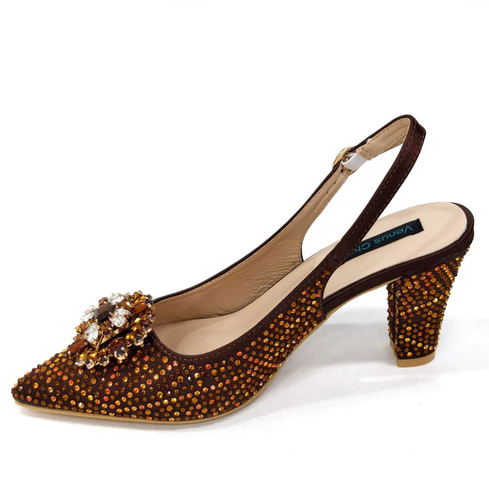 INS Style Green Party Shoe and Bag Set in Women Pointed-Toe Rhinestone High Heels Elegant African Ladies Shoes