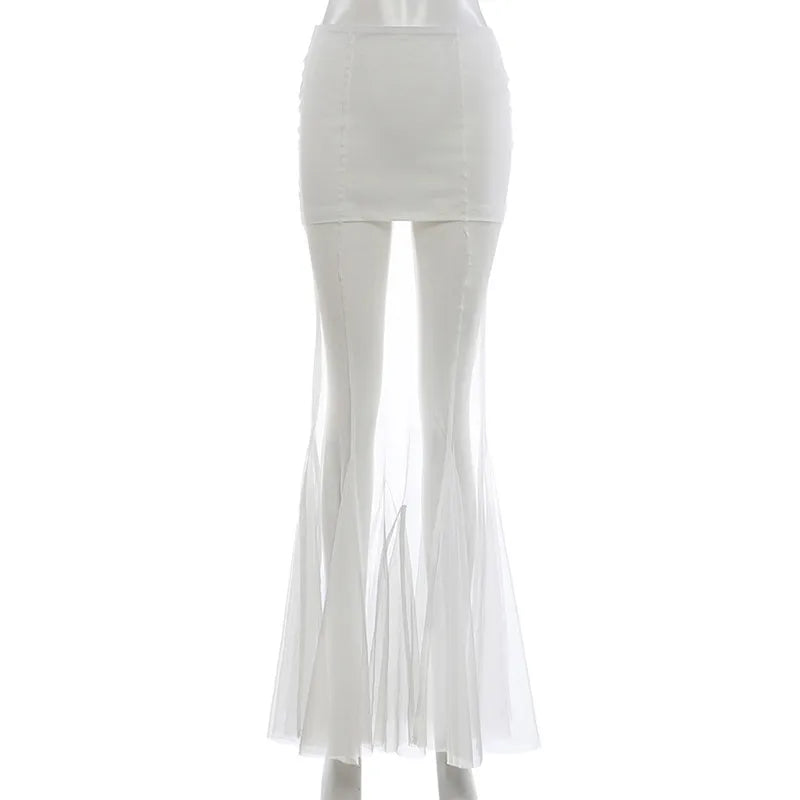 Mesh Patchwork Long Skirt Woman Summer Trend Elastic Waist Skinny Peach Hip Hot Girls Street Elegant Fashion Style Bottom