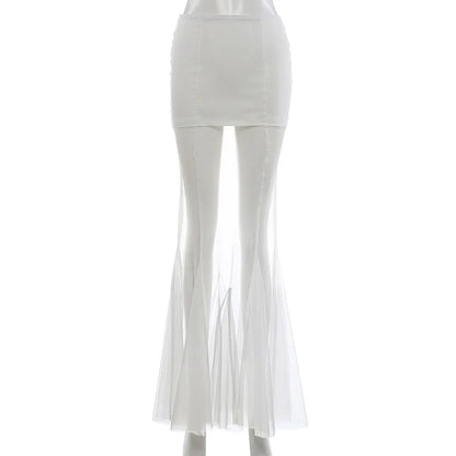 Mesh Patchwork Long Skirt Woman Summer Trend Elastic Waist Skinny Peach Hip Hot Girls Street Elegant Fashion Style Bottom