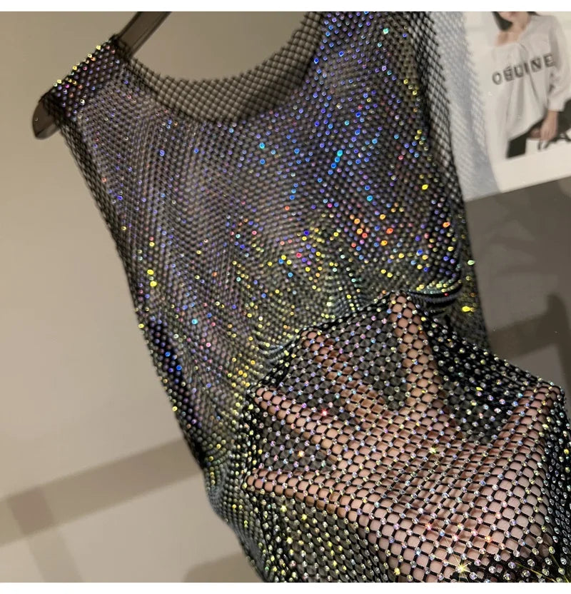 Women&Men Crystal  Rhinestones Shiny Sexy Y2K Tank Tops High Quality Party Club Sexy See Through Mesh Hollow Out Diamond shirt