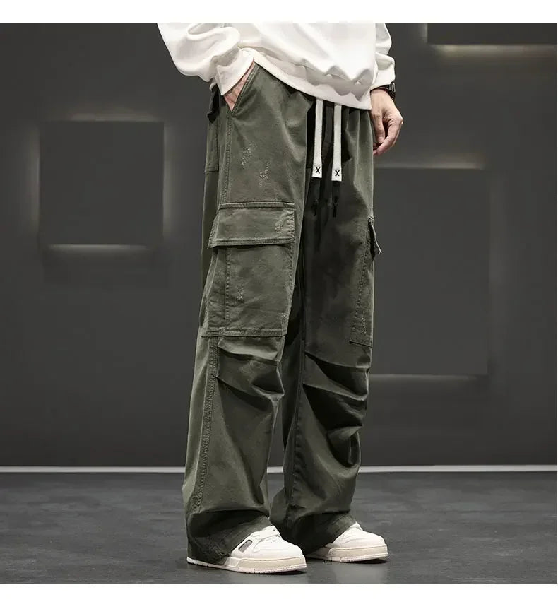 Autumn New Wide Leg Pocket Cargo Pants Men Trousers Neutral Loose Casual Cotton Straight Outdoor Fashion Pants Big Size 8xl