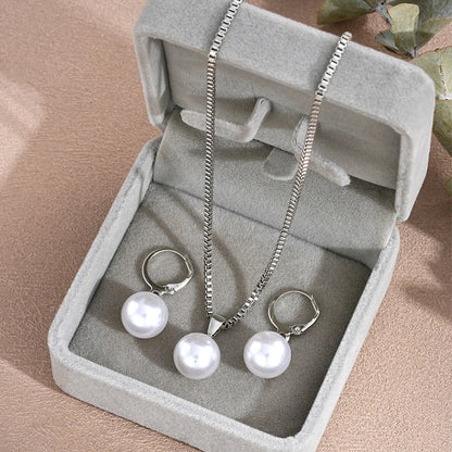 3 Pcs/Set Round Pearl Pendant Necklace For Women Exquisite Fashion Rhinestone Double  Earring Wedding Jewelry Set Gift