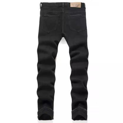 Punk Style Men's Slim Fit Straight Leg Denim Jeans Black Hole Patch Embroidery No Stretch Fashion Urban Casual Cotton Polyest...