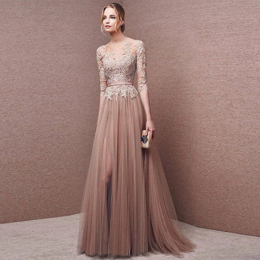 Scoop Neckline Zipper Up Tulle Long Floor-length Dresses Lace Applique Half Sleeve High Split Wedding Evening Party Prom Gowns