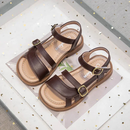 Girls Roman Sandals Open Toe Little Kids Leather Sandals with Buckle Open Toe Children Summer Beach Shoes Non-Slip Soft Sole