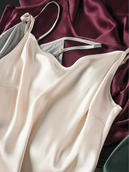 100% Natural Mulberry Silk Plain Satin French V-neck Diagonal Cut Women's Sexy Solid Suspender Dress