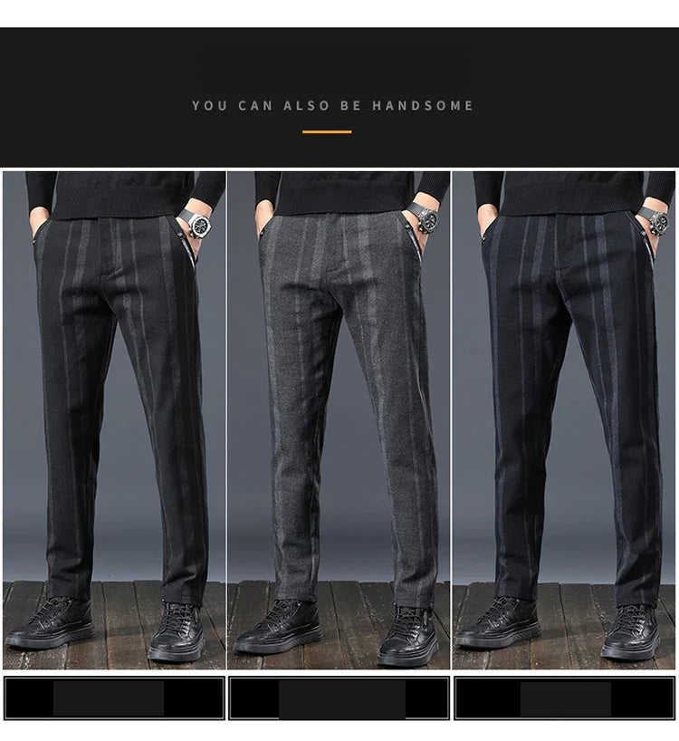 Autumn New Men's Slim Casual Pants  Fashionable Fit Elastic Business Pants High Quality Stripe Classic 3-colors Male Trousers