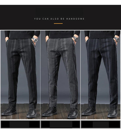 Autumn New Men's Slim Casual Pants  Fashionable Fit Elastic Business Pants High Quality Stripe Classic 3-colors Male Trousers
