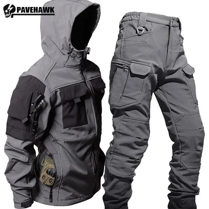 Mens Thicken Tactical Set Windproof Waterproof Outdoor Suit Soft Shell Multi-Pocket Hooded Jackets+Fleece Work Pants 2-piece