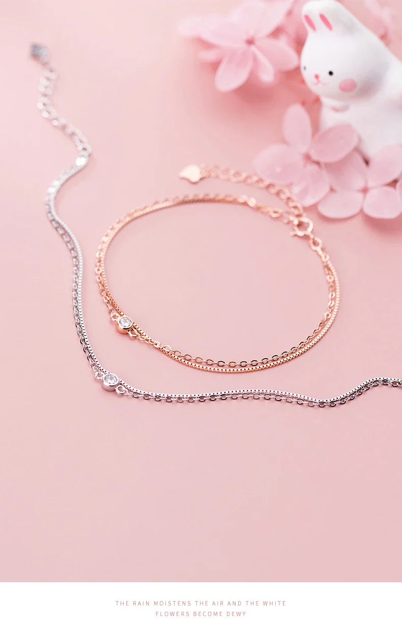 Real 925 Sterling Silver Luxury Double Layer Single Diamond Box Chain Bracelet for Women Fashion Bracelet Fine Jewelry