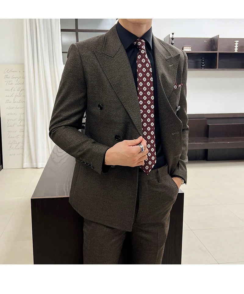 Men Vintage Luxury Double Breasted Slim Fit Lapel Evening Gown ltalian Style Fashion High-end Groom Wedding Party Tuxedo 2 Piece