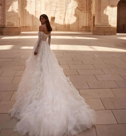 Luxury Pearls Wedding Dress Off Shoulder Bridal Gown Detachable Train Sequins Bride Dresses Backless Customized Vestido de novia