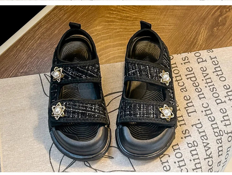 2025 Nice Straw Children Sandals New Arrivals Girls Appliques Metal Decos Sandals for Kids Girl Anti-kick Toe Beach Shoes I03242