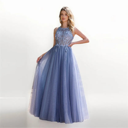 Elegant Prom Dresses 2025: Dusty Blue Tulle Ball Gowns with Floral Embroidery, Beaded Lace Details, A-line for Formal Events