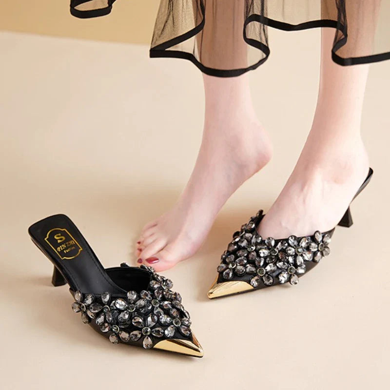 Luxury Rhinestones Pointed Toe Mules Pumps Women Slippers Summer New Fashion Slides Designer High Heeled Sandals Female Tacones